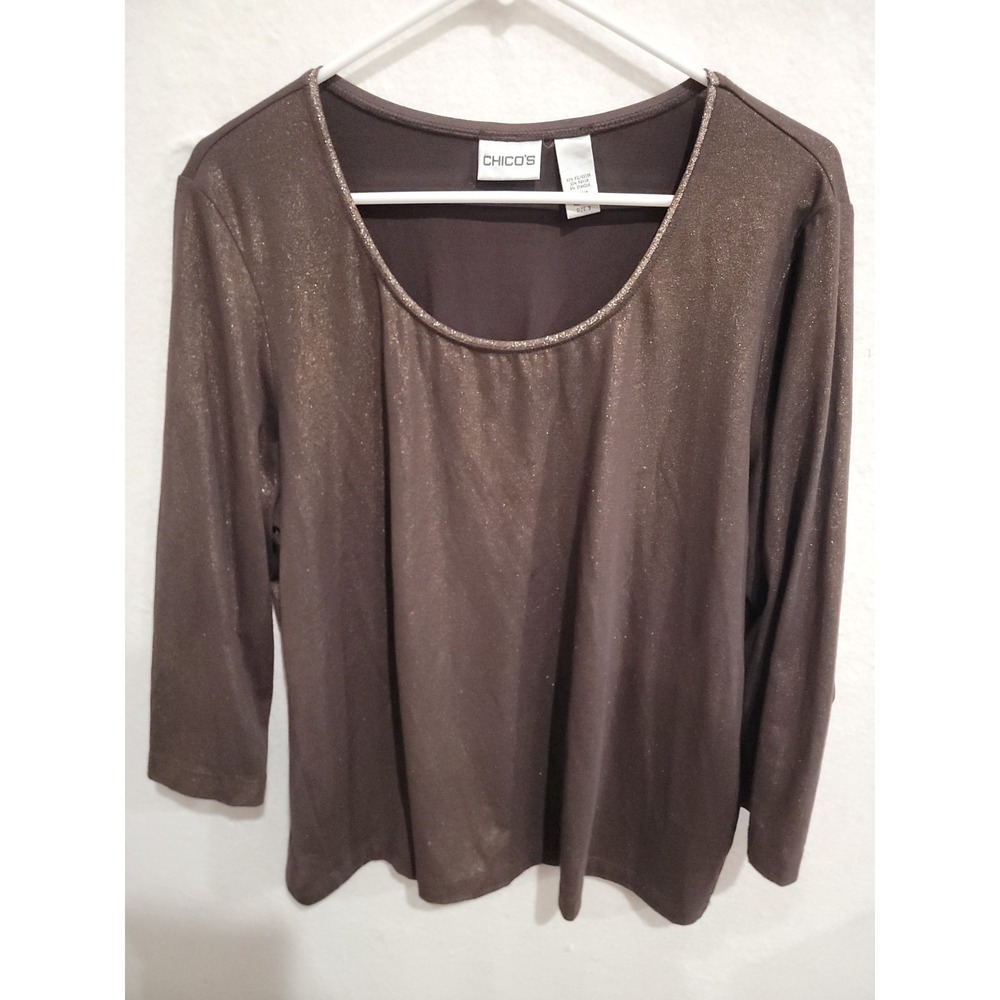 Chico's Brown Gold Metallic Shimmer Knit‎ Top Blouse Women's Size 3 (XL 16/18)
